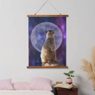 Meerkat On Blue Full Moon Night, Hanging Tapestry