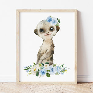 Meerkat, Safari, Jungle, Blue Flowers, Boy Nursery Poster