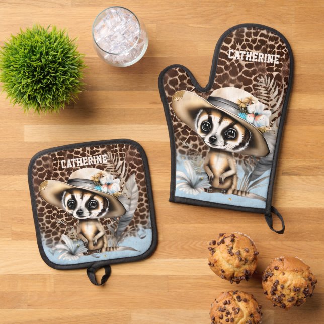 Meerkat safari jungle zoo animal skin print NAME Oven Mitt & Pot Holder Set (Top Down)