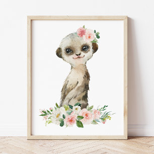 Meerkat, Safari, Pink Flowers, Girl Nursery Poster