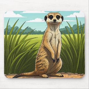 Meerkat standing alert in a field of grass mouse pad