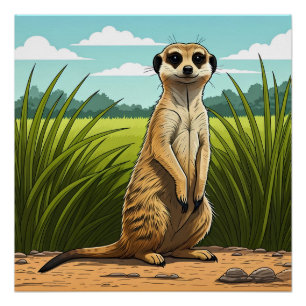 Meerkat standing alert in a field of grass poster