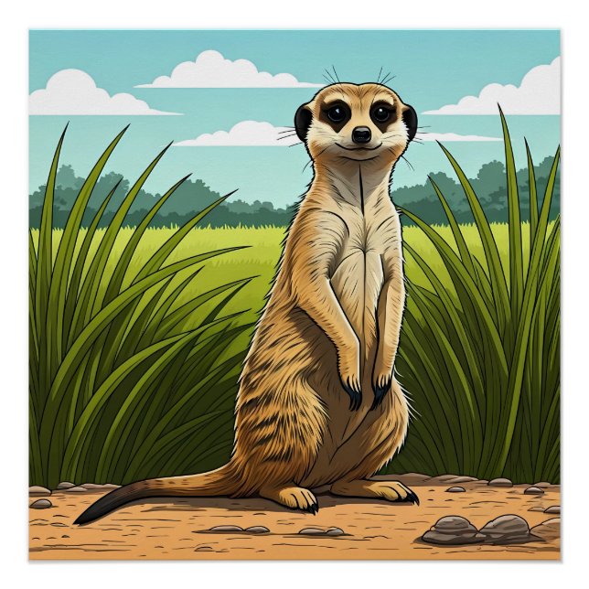 Meerkat standing alert in a field of grass poster (Front)