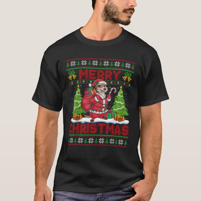 Meerkat Xmas Tree Lights Ugly Santa Meerkat Christ T-Shirt (Front)