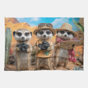 Meerkats Dressed as Tourists with Cameras and Maps Tea Towel