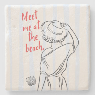 Meet Me At The Beach   Blue Striped Beach Lovers  Stone Coaster