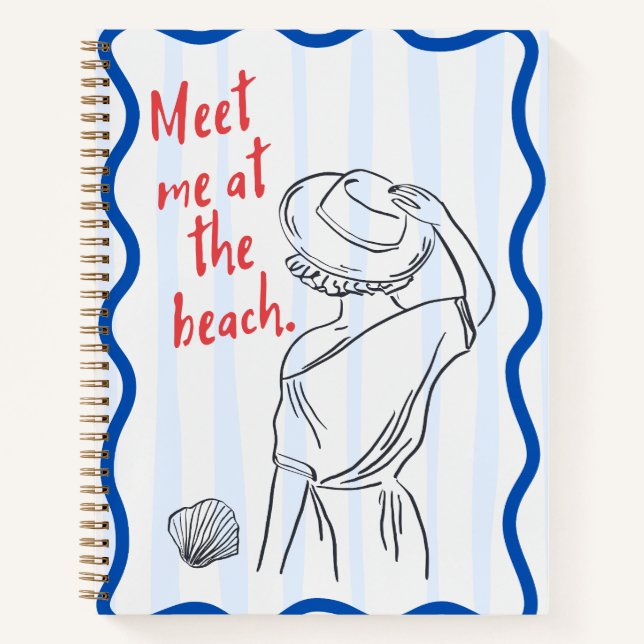 Meet Me At The Beach | Red Typography Blue Striped Notebook (Front)