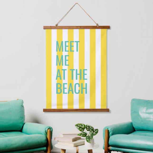 Meet Me At The Beach Yellow Cabana Stripe Hanging Tapestry (Living Room)