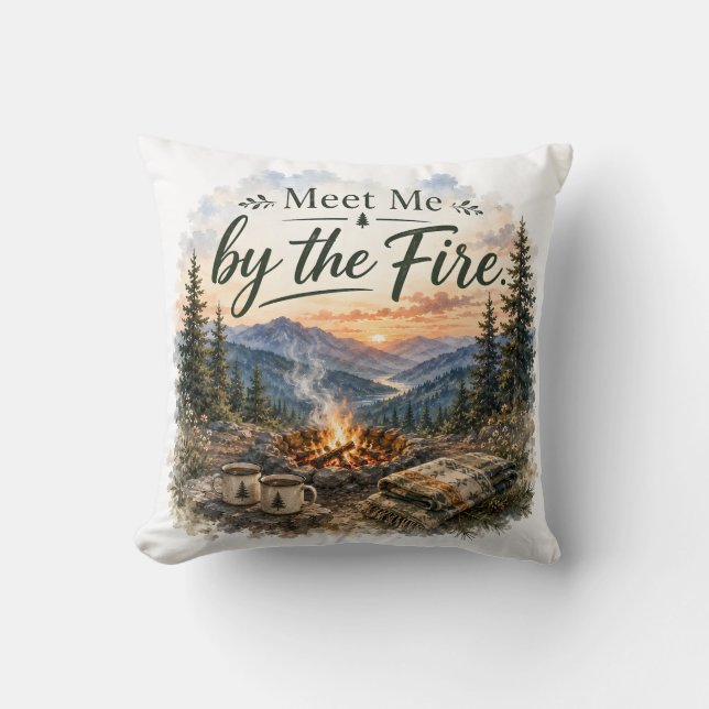 Meet Me by the Fire Mountain Campfire Sunset Cushion (Front)