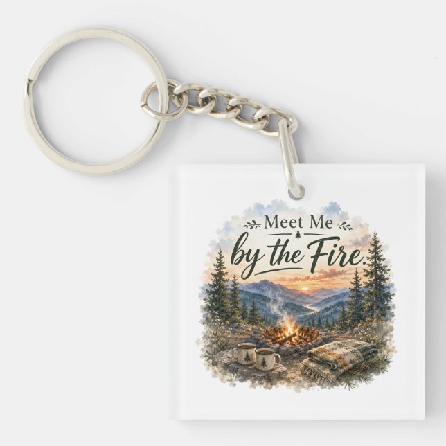 Meet Me by the Fire Mountain Campfire Sunset Key Ring (Front)