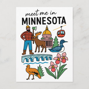 Meet Me In Minnesota Loon Moose Lumberjack Icons Postcard