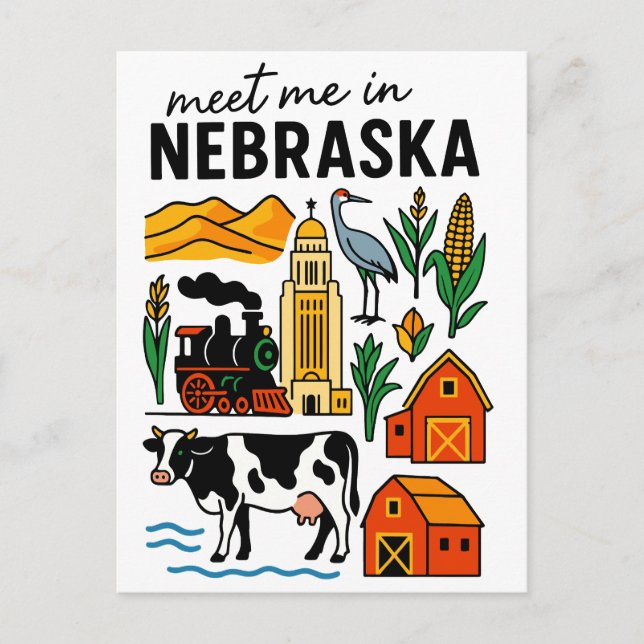 Meet Me In New Nebraska Landmarks Icons Postcard (Front)