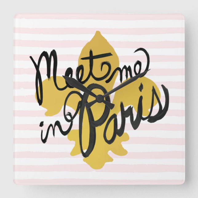 Meet Me in Paris Black and Gold Square Wall Clock (Front)