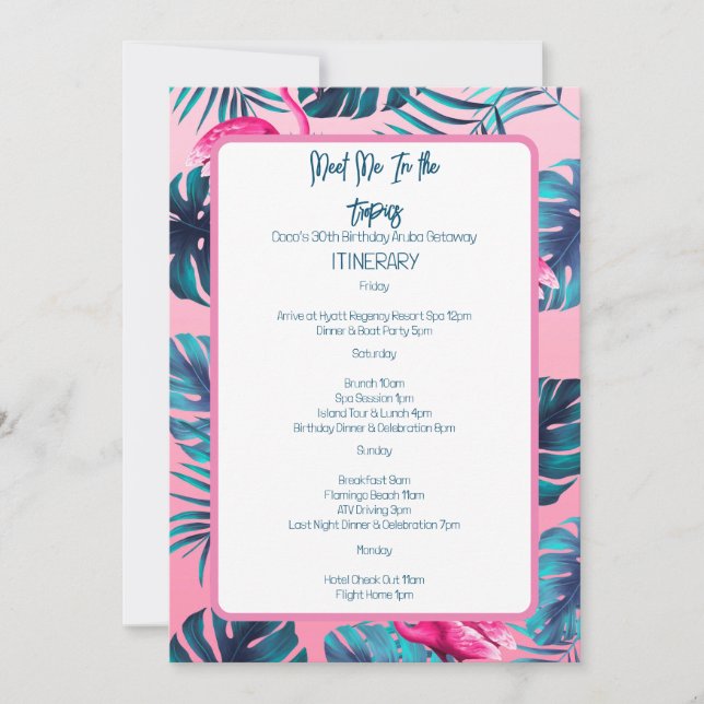Meet Me In the Tropics Birthday Trip Itinerary Invitation (Front)
