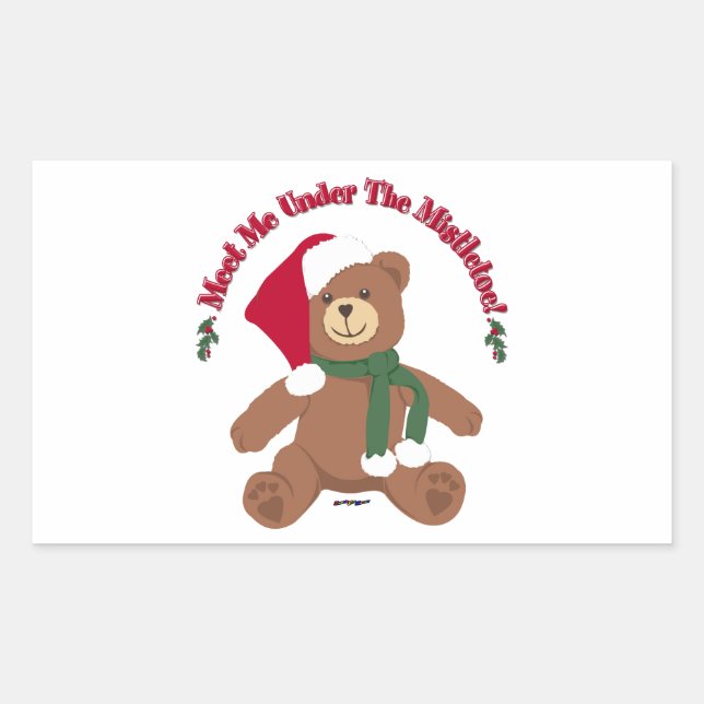 Meet Me Under The Mistletoe! Christmas Teddy Bear Rectangular Sticker (Front)
