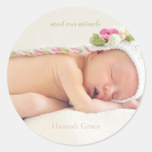 Meet Our Miracle Baby Girl Birth Announcement Classic Round Sticker