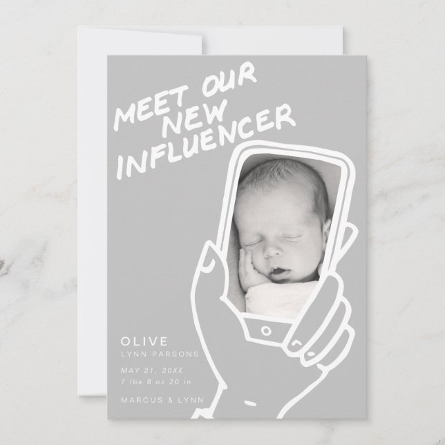 Meet Our New Influencer Baby announcement (Front)