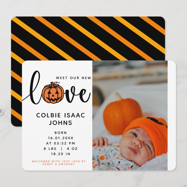 Meet Our New Love Pumpkin Halloween Photo Birth Announcement (Front/Back)