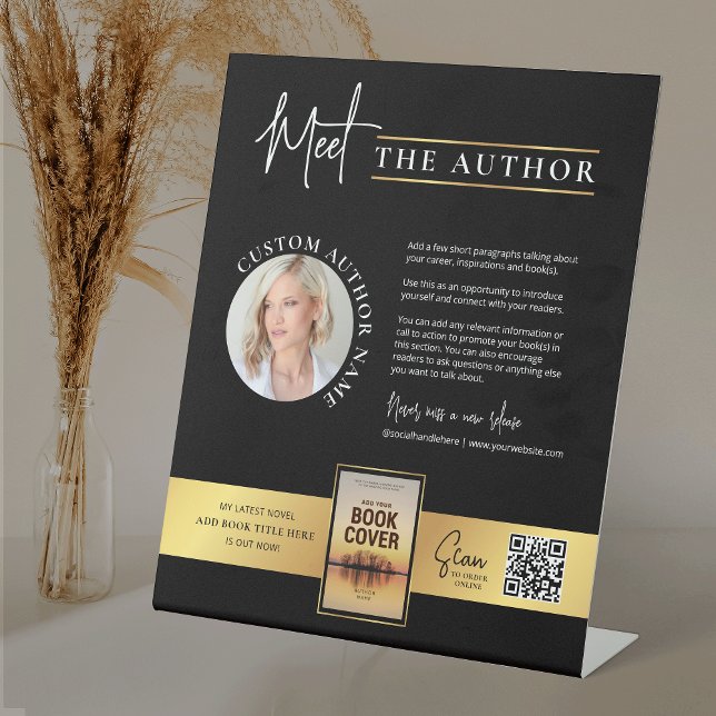 Meet The Author Photo Book Signing Faux Gold Sign (Modern black and gold meet the author table sign design with your custom photos and text)