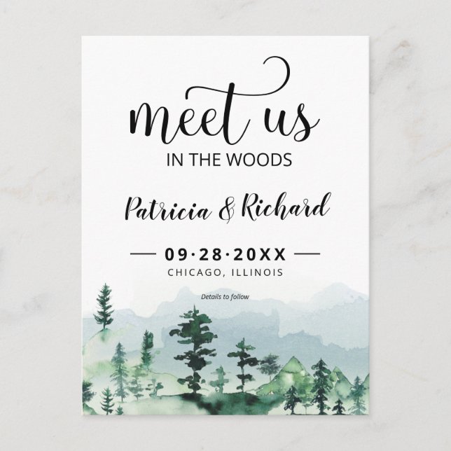 Meet Us In The Woods Outdoor Wedding Save The Date Postcard (Front)