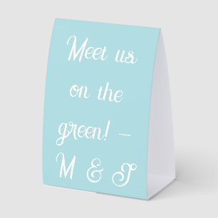 “Meet us on the green!” Powder Blue & White Script