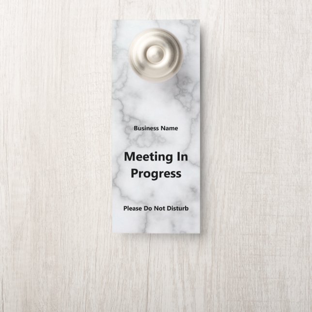 Meeting In Progress Faux White Marble Black Text Door Hanger (On Knob)