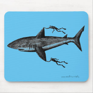 Megalodon shark and divers cool ink pen drawing mouse pad