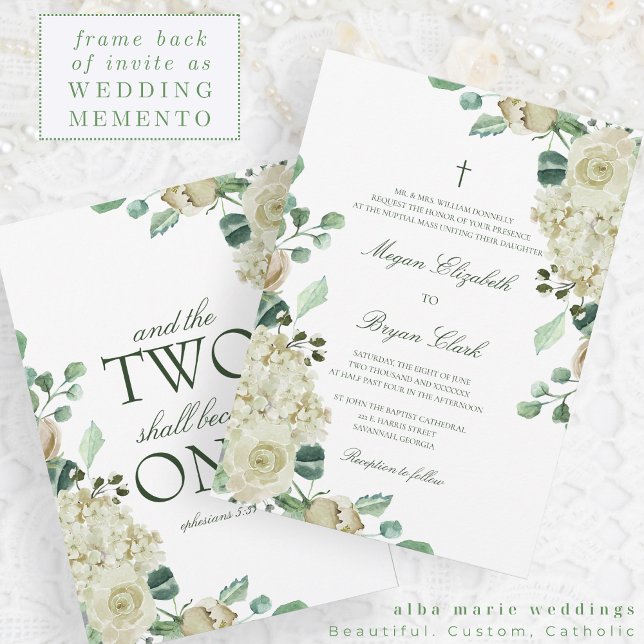 Megan Elegant Greenery & Cross Catholic Wedding Invitation (Creator Uploaded)
