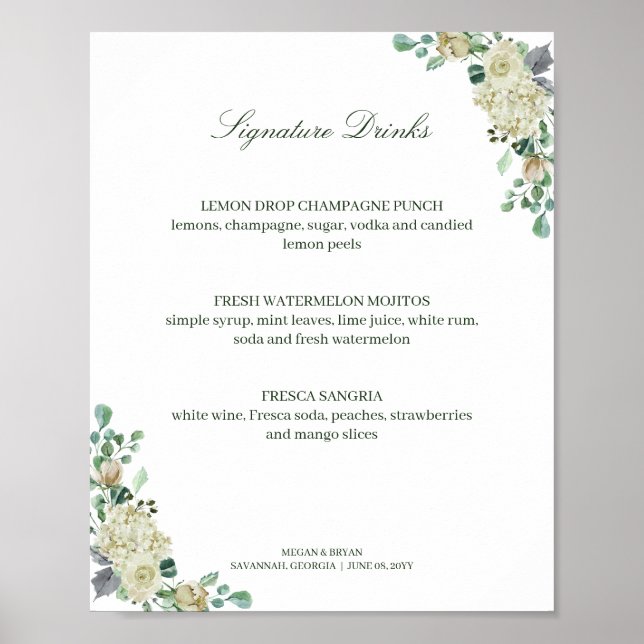 Megan Elegant Roses Signature Drinks Wedding Sign (Front)
