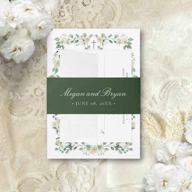 Megan Elegant Simple Sage Green Names Wedding Invitation Belly Band (Forest green belly band pictured assembled with the Megan Catholic wedding invitation suite.)