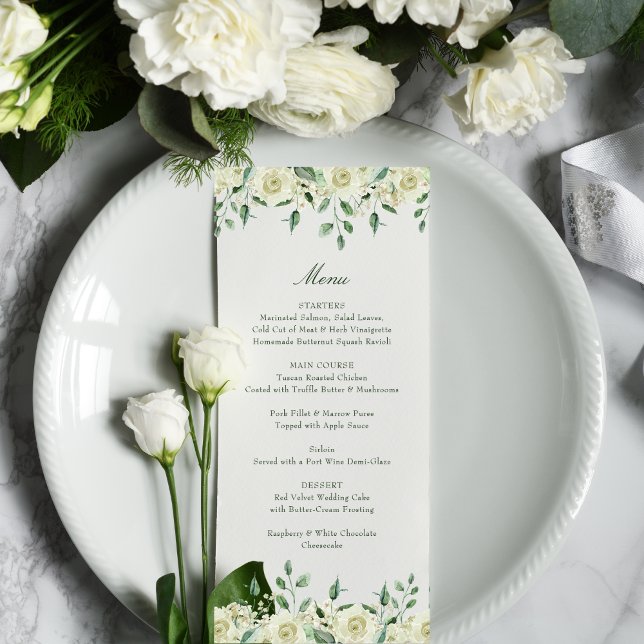 Megan Elegant White Flowers Greenery Wedding Menu (The elegant Megan wedding menu is perfect for a wedding in any season with its neutral color palette)