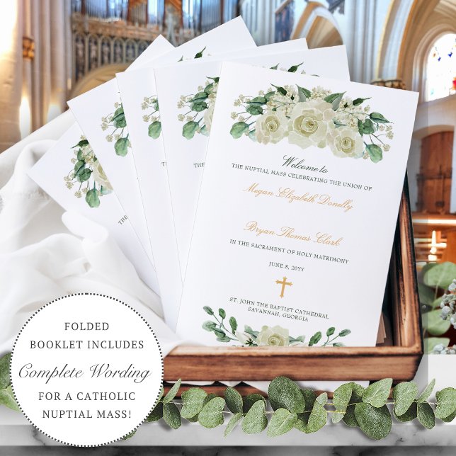 Megan Gold Catholic Wedding Mass Ceremony Program (White floral Catholic wedding program with gold cross and calligraphy script)
