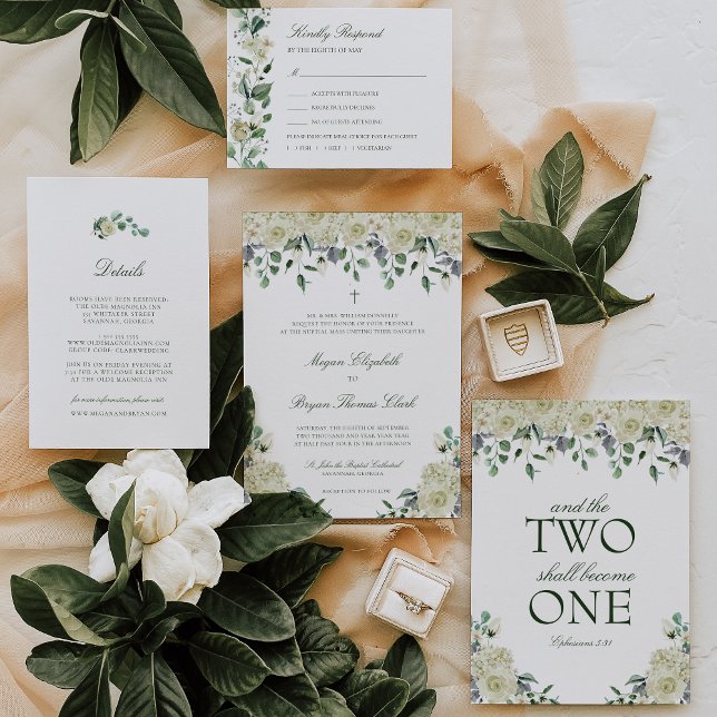 Megan White Roses & Greenery Catholic Wedding Invitation (Megan white floral Catholic wedding invitation with elegant greenery.)