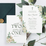 Megan White Roses Greenery Christian Wedding Invitation<br><div class="desc">Designed to coordinate with our elegant Megan collection, this Christian wedding invitation features a simple cross and two stylish boquets of white roses, hydrangeas and botanical greenery. Your ceremony details are set in stylish serif typography and calligraphy script. The reverse side includes the Biblical scripture "And the two shall become...</div>