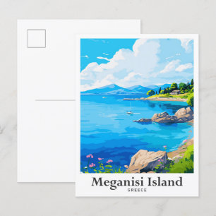 Meganisi Greece Art Vintage Travel Illustration Postcard