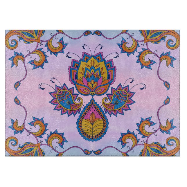 Mehndi Blue and Purple Floral Art, Blue Bliss Cutting Board (Front)
