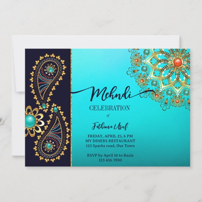 Mehndi blue teal gold jewellery paisley invite  (Front)
