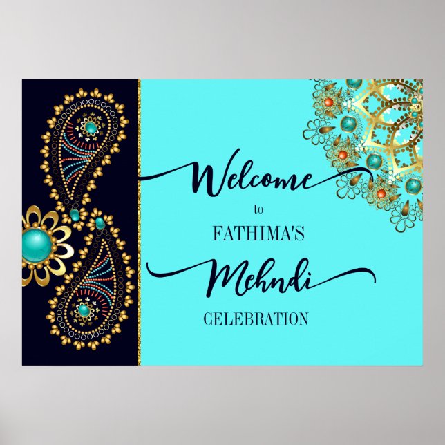 Mehndi blue teal gold jewellery paisley welcome si poster (Front)