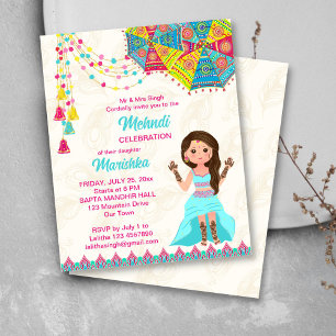 Mehndi budget invite pink blue cute Indian girl