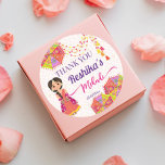 Mehndi cute Indian bride umbrella thank you favour Classic Round Sticker<br><div class="desc">Mehndi cute Indian henna bride with pink and yellow umbrellas and tassels mehndi thank you favour gift stickers.</div>