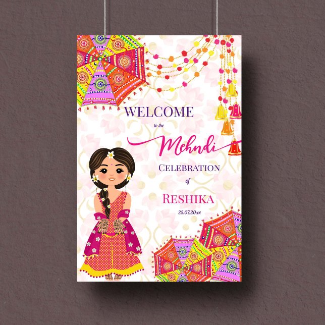 Mehndi cute Indian bride umbrella welcome sign (Mehndi welcome sign poster instant download Indian decoration umbrellas tassle henna bride)