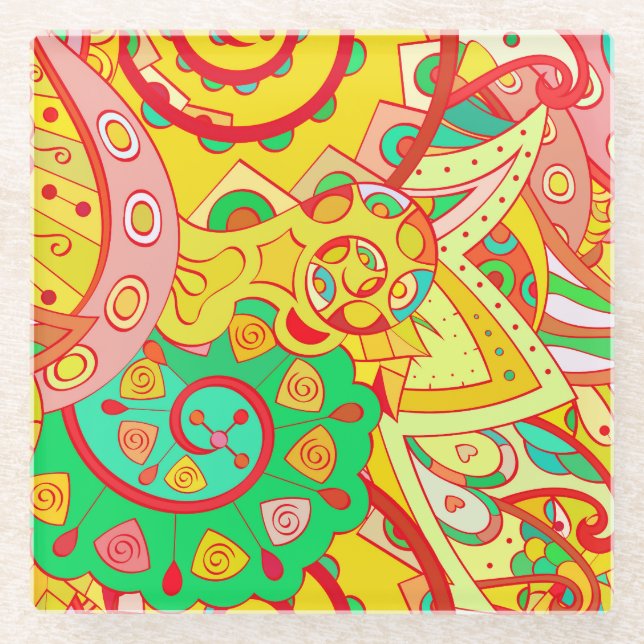 Mehndi Doodle: Colourful Ethnic Texture. Glass Coaster (Front)