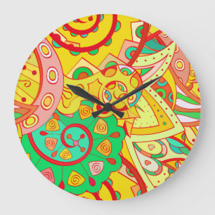 Mehndi Doodle: Colourful Ethnic Texture. Large Clock