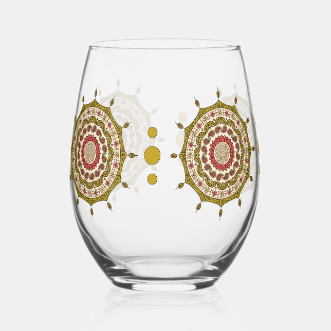 Mehndi Fantasy Gold Stemless Wine Glass (Front)