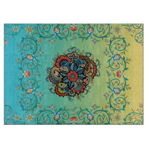 Mehndi Green Floral Art, Elegant Botanical Pattern Cutting Board