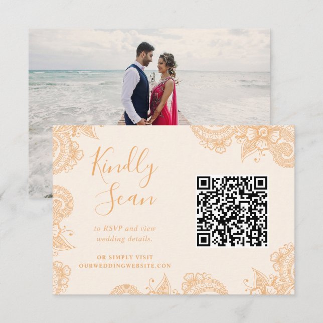 Mehndi Henna Wedding QR Code RSVP Enclosure Card (Front/Back)