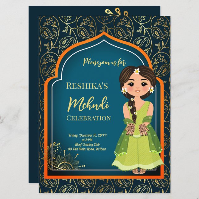 Mehndi Indian Arabian patterns design teal green (Front/Back)