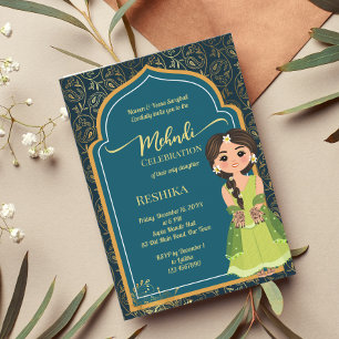 Mehndi Indian paisley teal green cute Indian bride Invitation