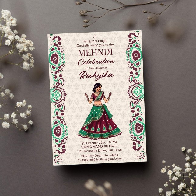 Mehndi Indian wedding cute bride burgundy green Invitation (Mehndi Indian wedding template invitation instant download cute Indian bride henna party maroon)