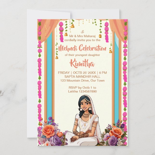 Mehndi Indian wedding cute bride in pink Invitation (Front)